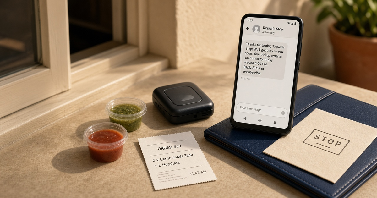 Featured illustration for Android SMS Gateway Scenario 1315: Restaurants auto-reply and STOP in practice