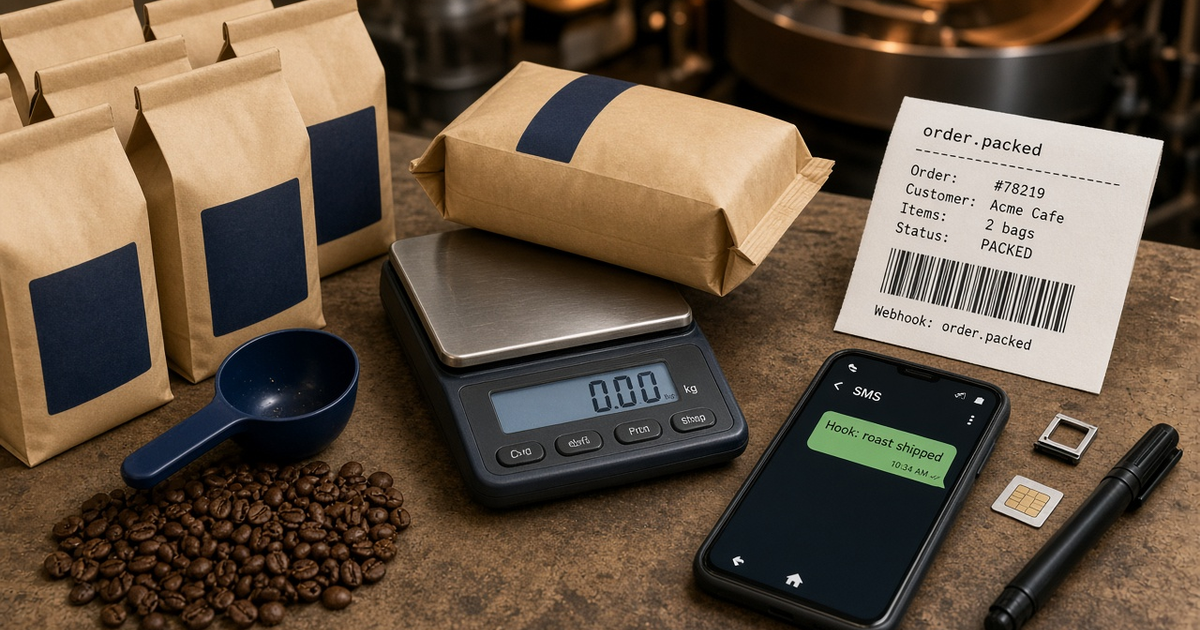 Featured illustration for Android SMS Gateway Scenario 1765: Ecommerce webhooks in practice