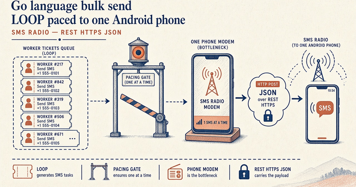 Featured illustration for Go: Bulk Send Loops on an Android SMS Gateway API
