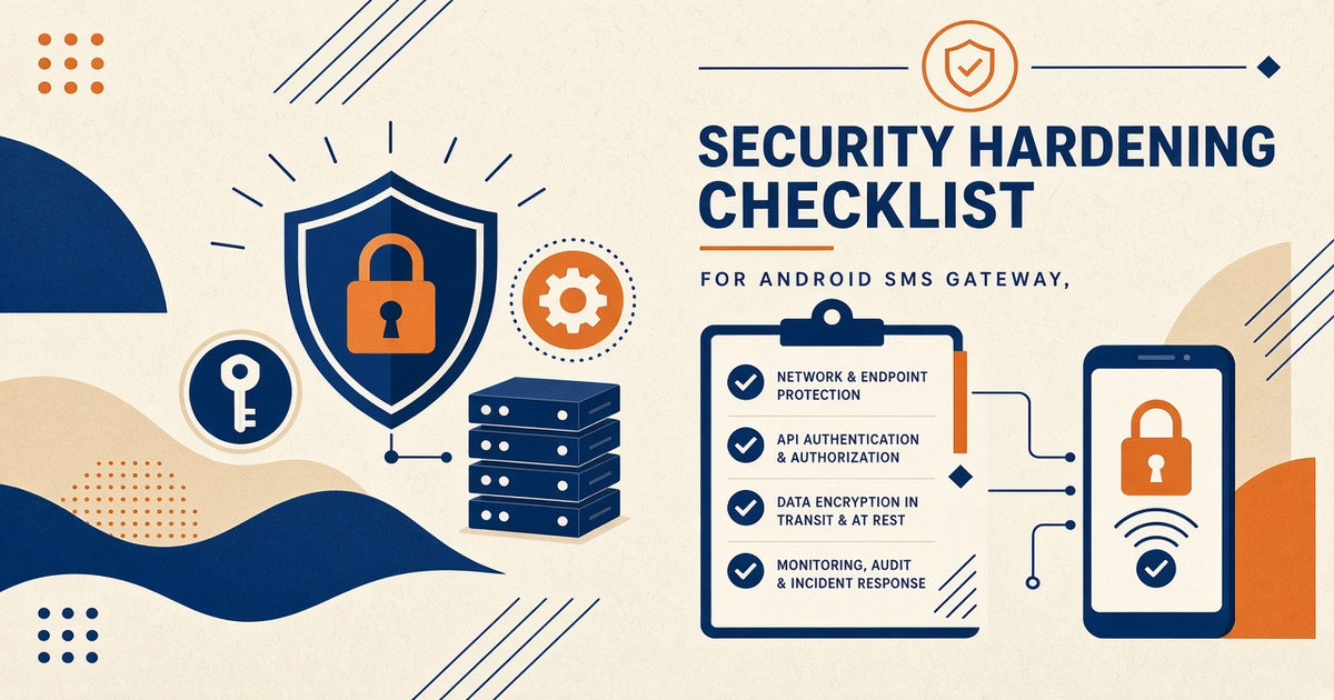Featured illustration for security hardening Checklist for Core Android SMS Gateway