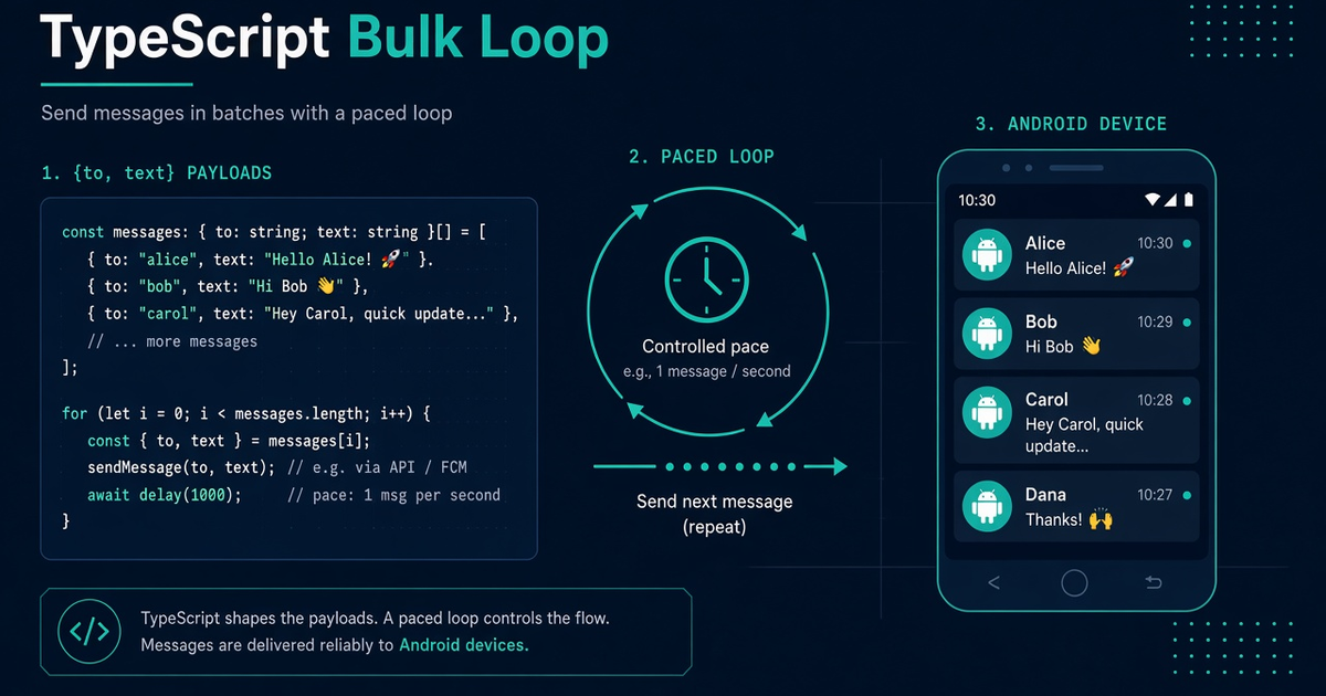 Featured illustration for TypeScript: Bulk Send Loops on an Android SMS Gateway API